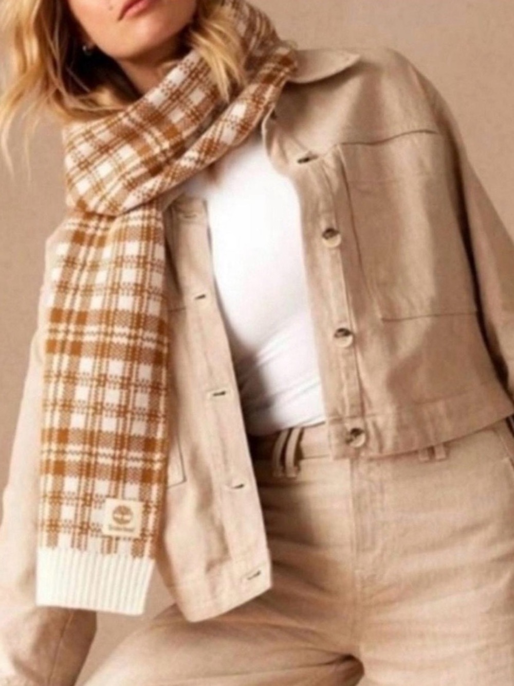 Timberland Brown and Cream Plaid Knit Scarf